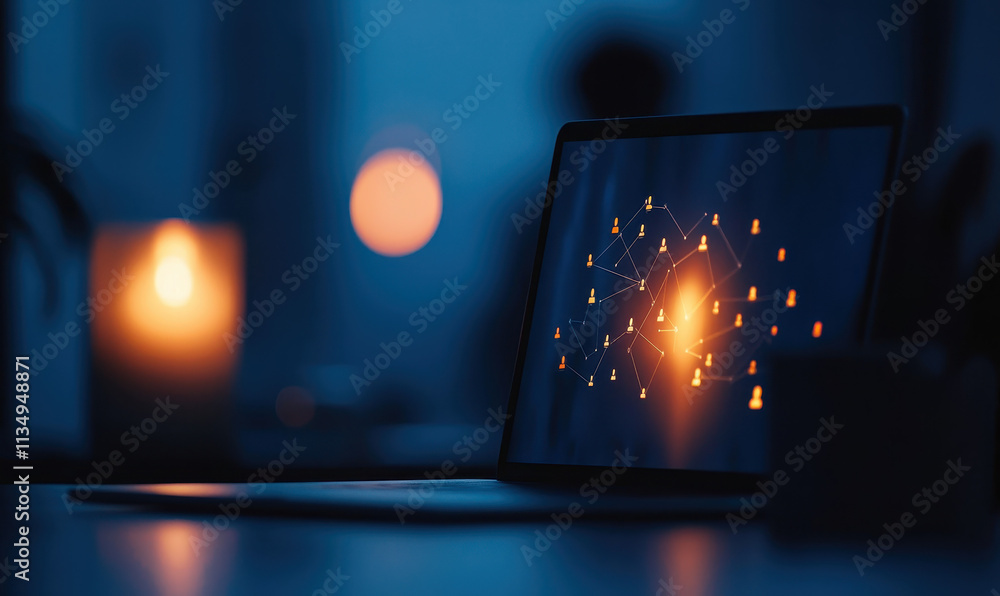 Aufkleber illuminated network diagram on laptop screen with ambient candlelight: a blend of connectivity and d
