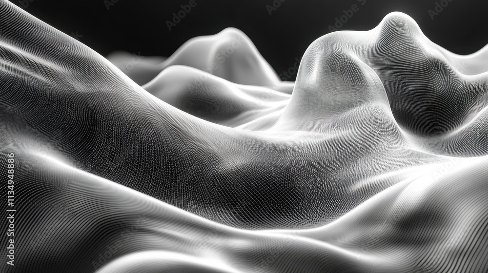 Poster surreal landscape of flowing curves and undulating forms evoking a dreamlike atmosphere
