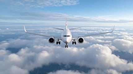 Obraz premium Wide angle shot of a passenger plane flying above the clouds and a clear sky, shot in high resolution ,soft style,airplane,landing.
