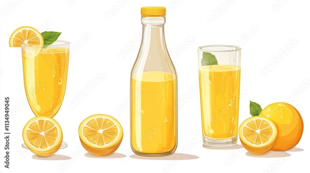 Poster freshly squeezed lemon juice with bottle and glasses arranged decoratively on white background with 