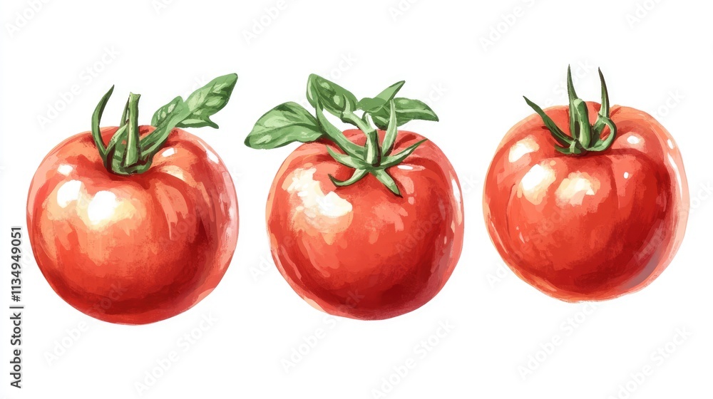 Poster fresh red tomatoes with green leaves displayed in a row showcasing their vibrant color and natural b