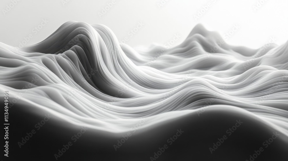 Poster soft undulating waves create a serene monochromatic landscape in a dreamlike setting