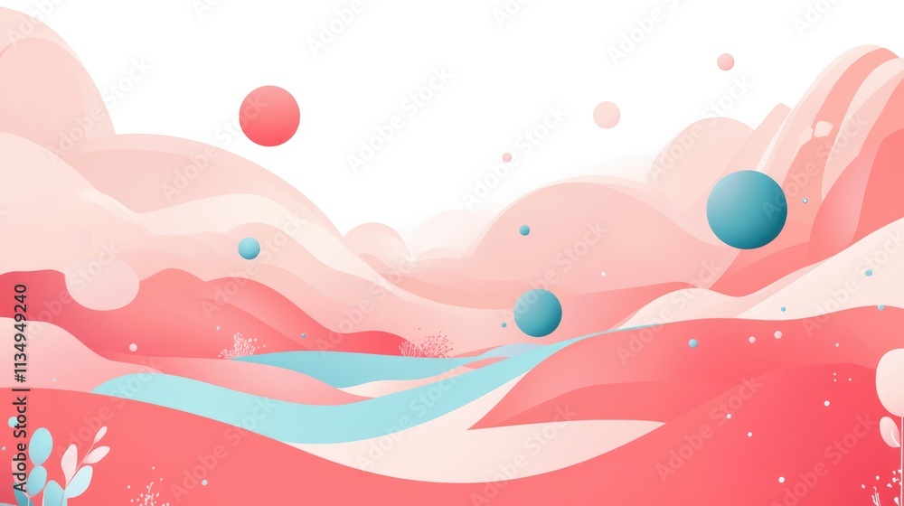 Poster abstract landscape with soft pastel colors and floating spheres ideal for landing page backgrounds a