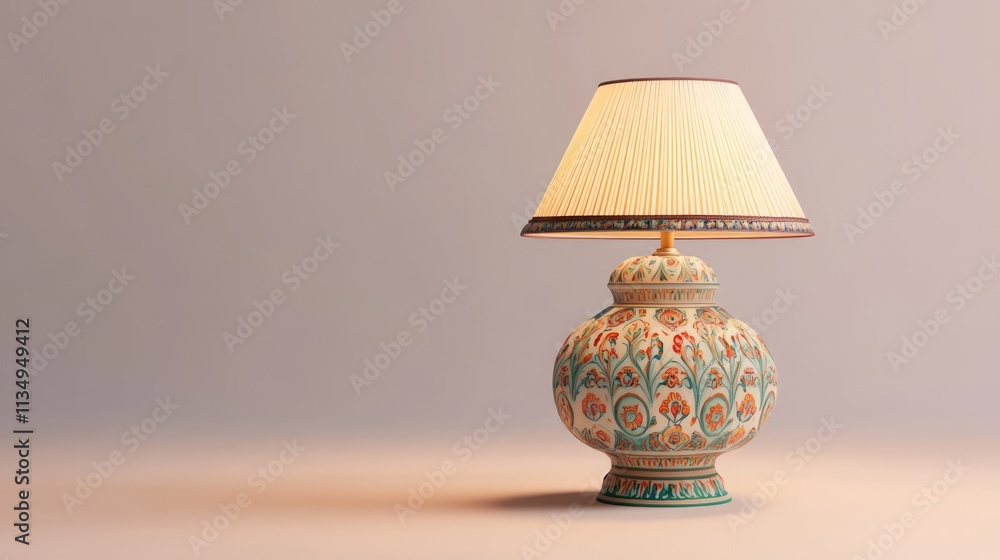 Poster decorative ceramic lamp with intricate tile pattern against a soft neutral background highlighting i