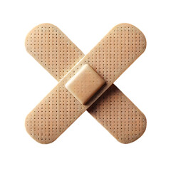 A single band-aid that is in the shape of an "X". The band-aid is a light brown color and has a textured surface. It is isolated against a black background.