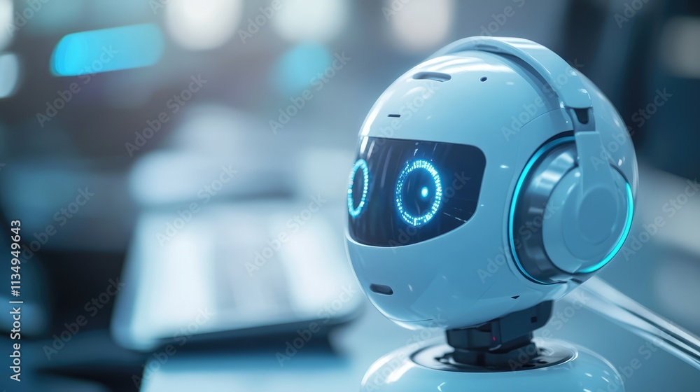 Poster artificial intelligence chatbot with headphones, symbolizing customer service support, alongside com