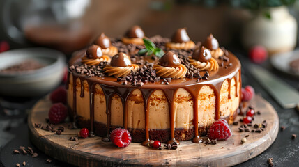 Decadent Caramel Cake: A delectable caramel cake, adorned with chocolate shavings and fresh raspberries, glistens with a rich caramel glaze, inviting a taste of pure indulgence. 