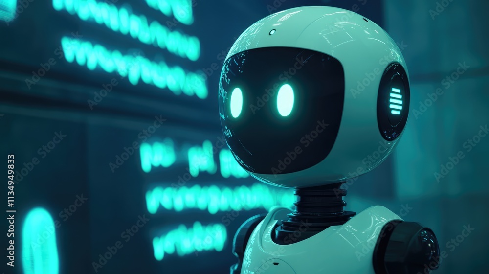 Poster futuristic robot with glowing eyes showcasing advanced ai technology for communication and task mana