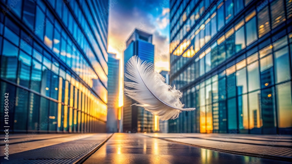 Poster ethereal floating feather against modern architectural backdrop in soft natural light, capturing the