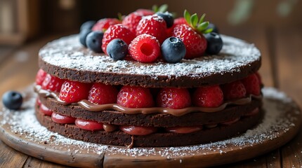 Delicious Chocolate Cake Slice with Berries and Powdered Sugar, Generative AI