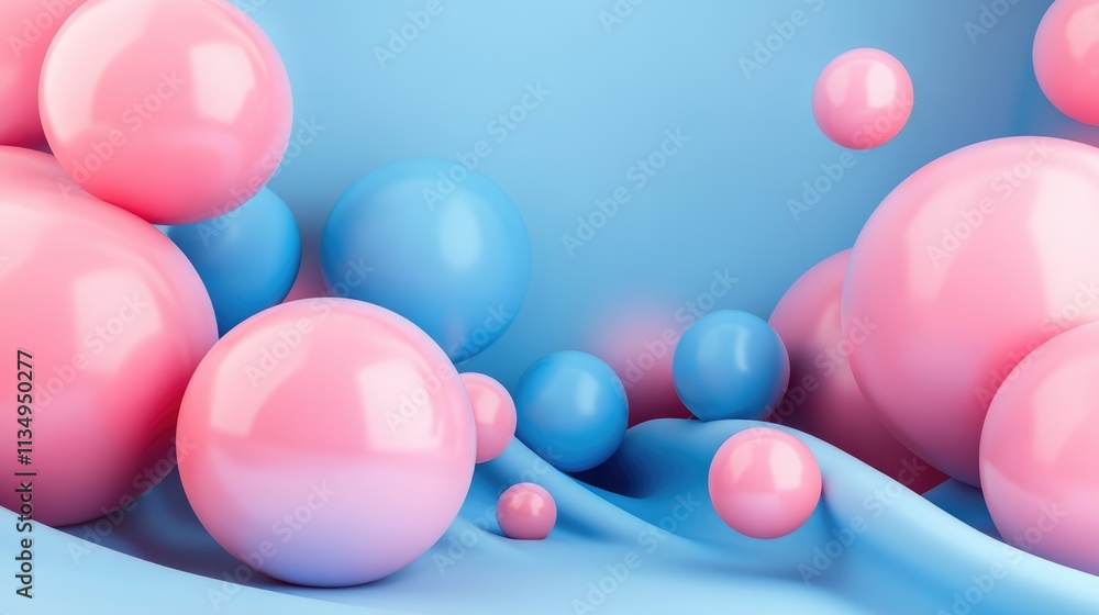 Poster colorful abstract background with gradient blue and pink spheres floating on a smooth surface for mo