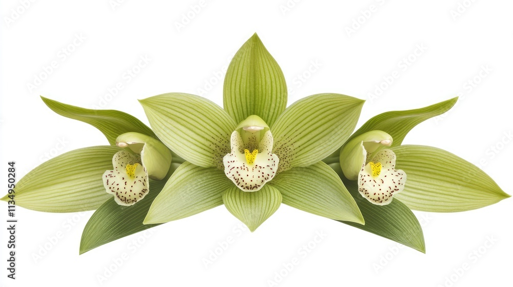 Poster elegant close-up of vibrant green orchids with intricate details isolated on a clean white backgroun