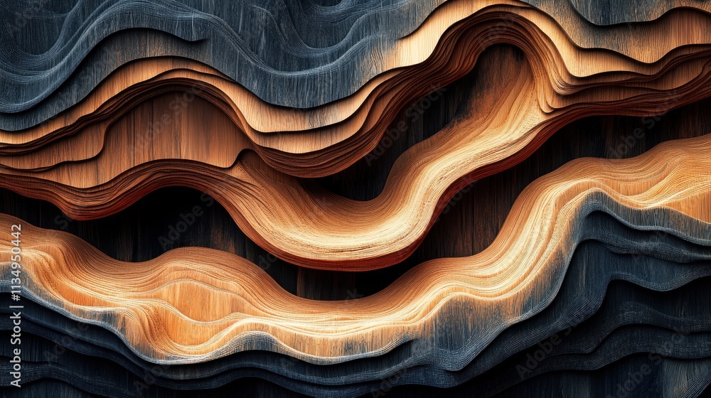 Poster waves of texture and color create an artistic embrace of wood grain and shadow in a stunning abstrac