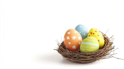 Obraz premium Colorful decorated Easter eggs nestled in a natural bird nest on a clean white background for festive spring celebrations and decorations.