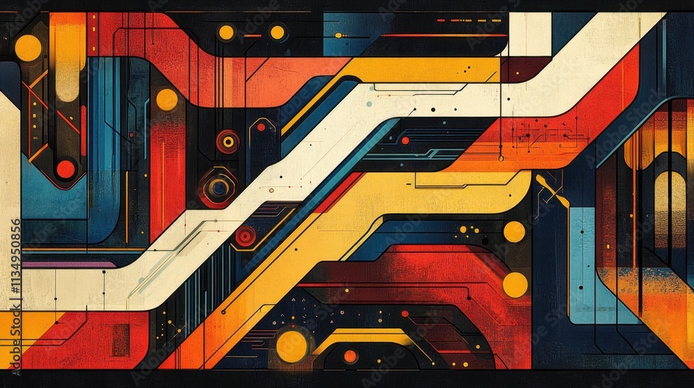 Poster vibrant geometric patterns intertwine in a captivating blend of colors and forms evoking a sense of 