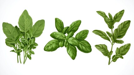 Obraz premium Fresh herbs and spices assortment on white background showcasing vibrant green leaves for culinary and health applications