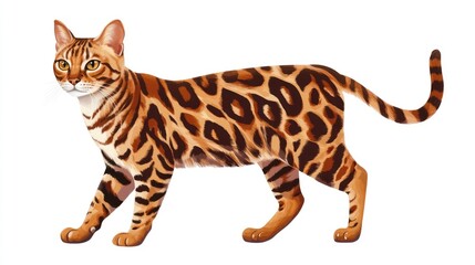 Bengal cat with a distinctive spotted coat showcasing a unique pattern similar to a wild leopard in a playful stance on a white background