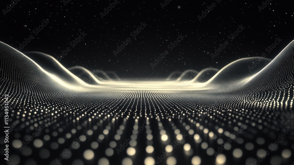 Poster floating above a luminous landscape with undulating waves and shimmering points of light in a cosmic
