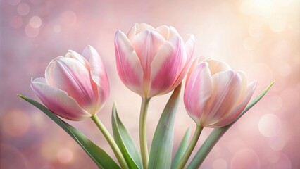 Fototapeta premium A delicate trio of pink tulips with soft petals, bathed in warm light and surrounded by a gentle bokeh effect.