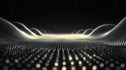 Floating above a luminous landscape with undulating waves and shimmering points of light in a cosmic void