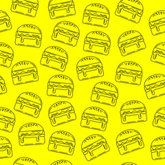Burger seamless pattern. Cheeseburger doodle line art motif for packaging, menu, fast food fabric. Vector illustration