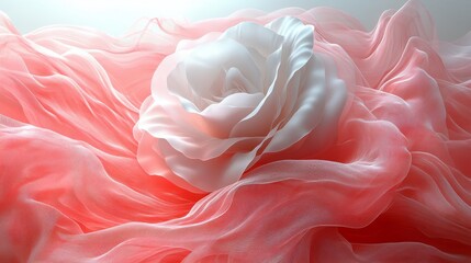 Fototapeta premium Peach fabric drapes over a delicate white rose. Soft, romantic, and feminine, perfect for backgrounds, cards, and blogs