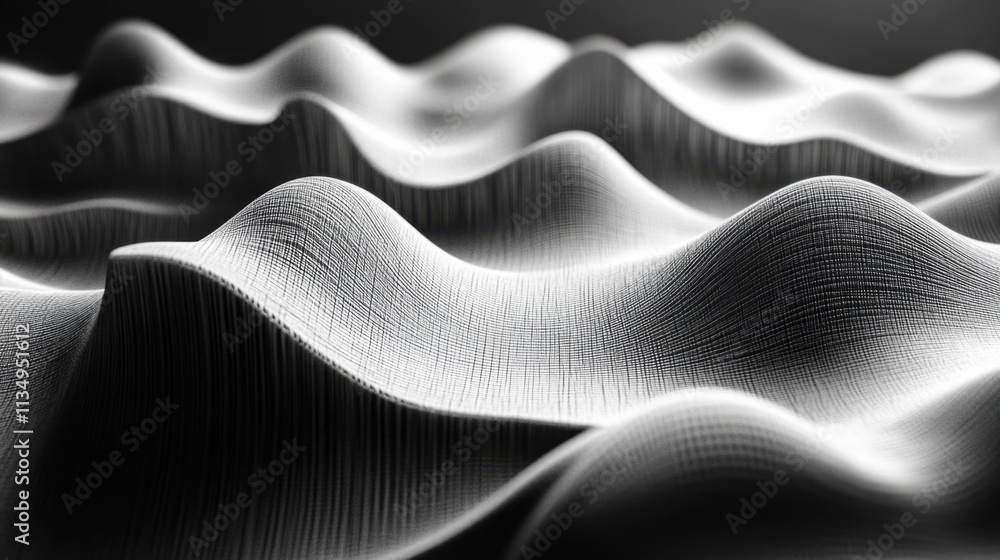Poster abstract waves of textured material undulating softly in monochrome, creating a serene and captivati