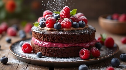 Delicious Chocolate Cake Slice with Berries and Powdered Sugar, Generative AI