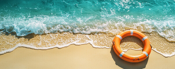 Summer vacations and tropical beach banner with a life preserver lying on golden sand at the edge of the sea and copy space 