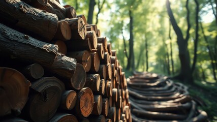 A neatly stacked pile of logs in a forest, the sunbeams illuminating the bark and the surrounding trees blurred in the background.