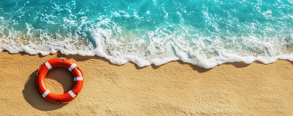Obraz premium Summer vacations and tropical beach banner with a life preserver lying on golden sand at the edge of the sea and copy space 