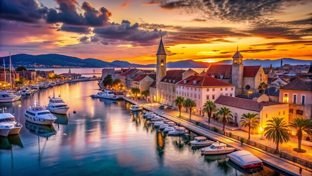 Evening City Landscape with Illuminated Marina and Moored Yachts at Sunset in Trogir, Croatia - Vertical Video Composition with Copy Space for Text Overlay
