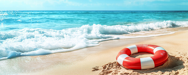 Obraz premium Summer vacations and tropical beach banner with a life preserver lying on golden sand at the edge of the sea and copy space 