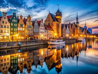 Fototapeta premium Evening View of Gdansk's Historic Old Town with Port Crane Illuminated by Soft Lights, Capturing the Charm of Poland's Architectural Heritage at Dusk