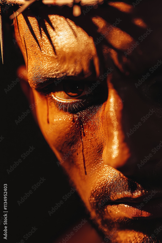 Poster intense close-up portrait capturing dramatic emotion and raw texture in low light with high contrast