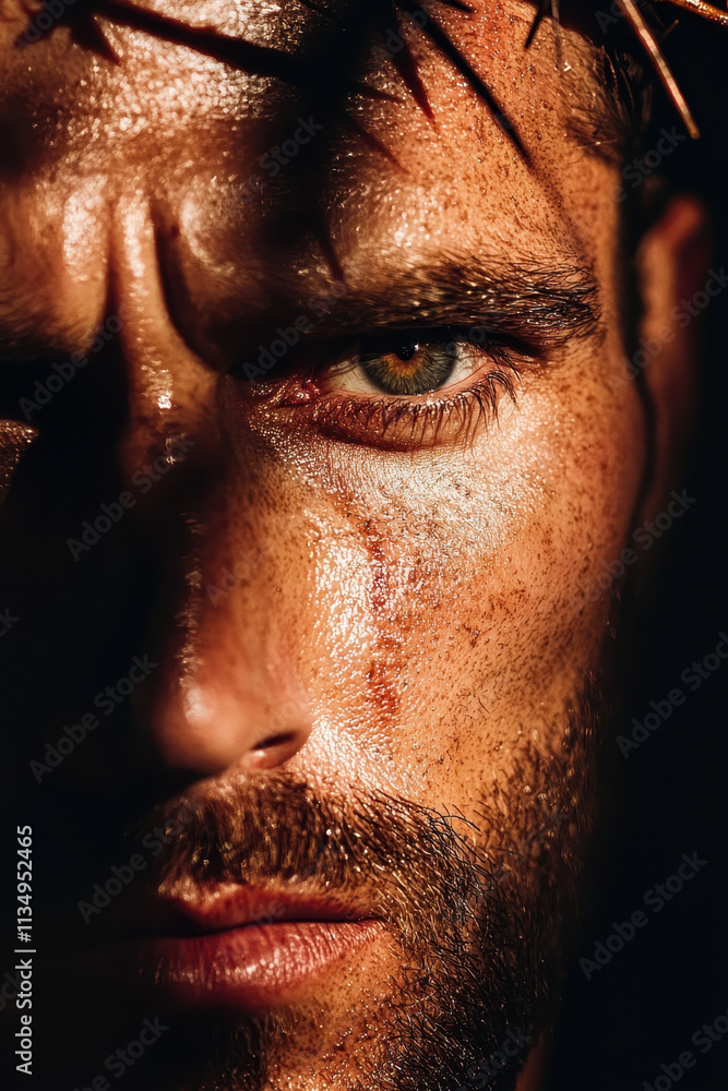 Poster Dramatic Close-Up Portrait with Intense Gaze and Textured Details Capturing Emotion and Resilience
