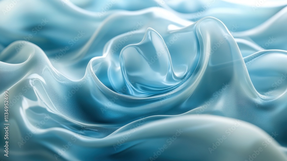 Poster soft waves of translucent blue fabric flow gently, creating a serene and tranquil atmosphere in the 