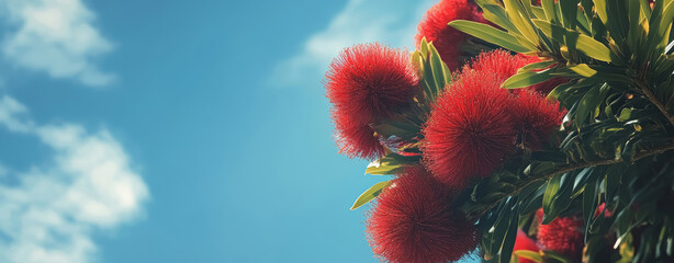 Blooming red pohutukawa tree flowers with blue sky with clouds in the background with blank space. Iconic New Zealand's native Christmas tree.