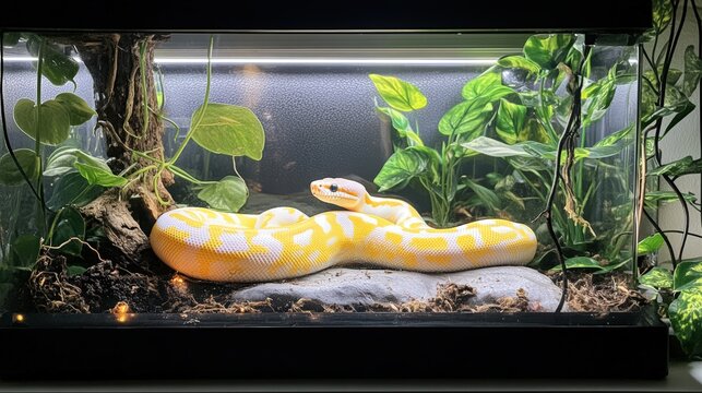 Beautiful Yellow Python Resting in a Lush Terrarium Environment