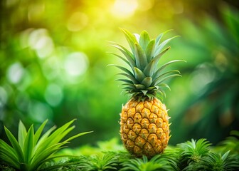 Fototapeta premium Exotic and Vibrant Pineapple Surrounded by Lush Green Leaves in a Tilt-Shift Perspective, Capturing the Essence of Tropical Paradise and Summery Vibes for Food and Nature Lovers