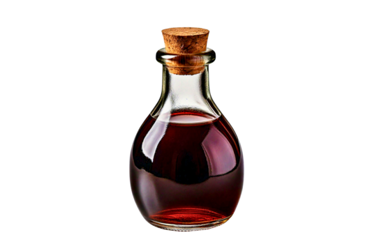 Small corked bottle of dark balsamic vinegar against transparent background.