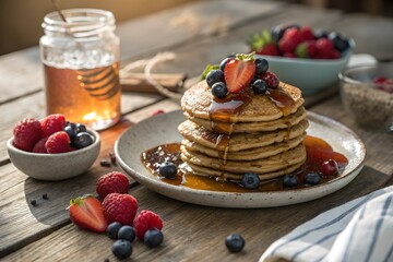 pancakes with fresh berries on top and maple syrup drizzled over them