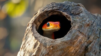 Colorful Snake Emerging from Tree Hollow in Natural Habitat