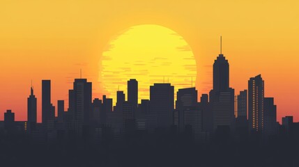 Obraz premium Silhouette of a modern city skyline against a vibrant sunset during golden hour with warm hues and clear outlines of skyscrapers