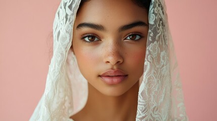 Fototapeta premium Close-up portrait of a young woman with a lace veil.