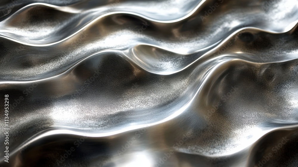 Poster flowing silver patterns create an ethereal landscape resembling a tranquil water surface under soft 