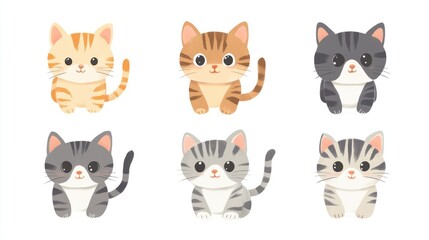 Obraz premium Cute striped kittens in various colors on a white background ideal for children's designs or pet-themed projects.