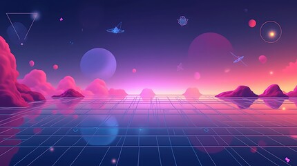 Futuristic Grid Sunset Landscape in Vibrant Neon Colors, Generative AI