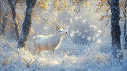 A snowy forest scene with a white deer