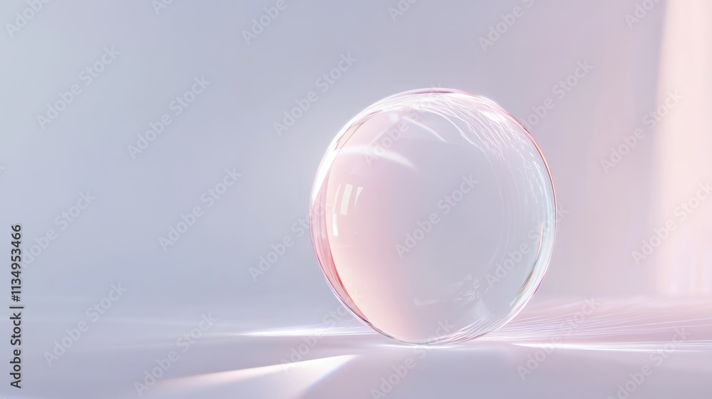 Poster transparent glass sphere resting on a soft, white background with subtle reflections and highlights,